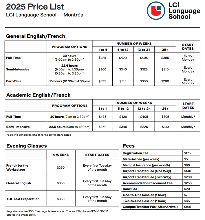 LCI 2025 price list tuition Montreal