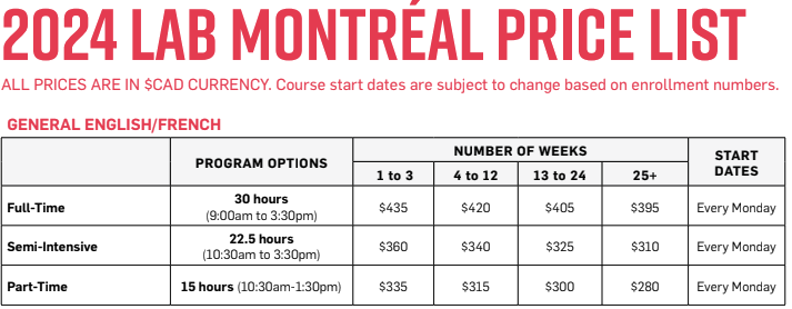 LCI 2024 price list tuition Montreal